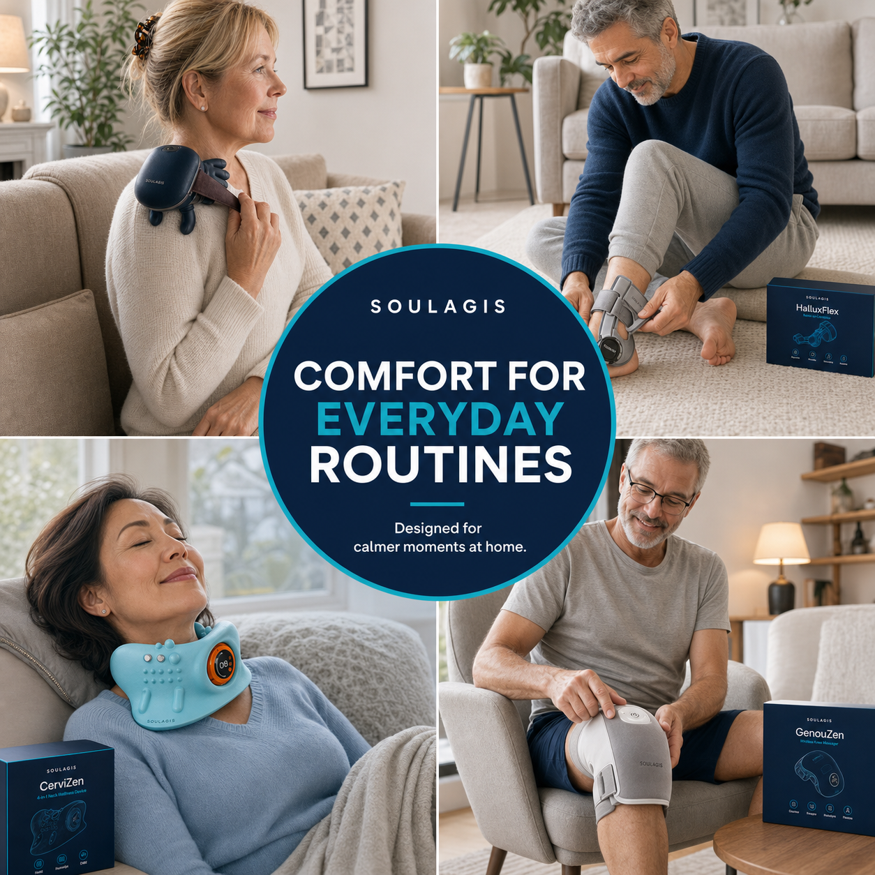 Soulagis customers using TrapeziZen, HalluxFlex, CerviZen and GenouZen in their everyday routines