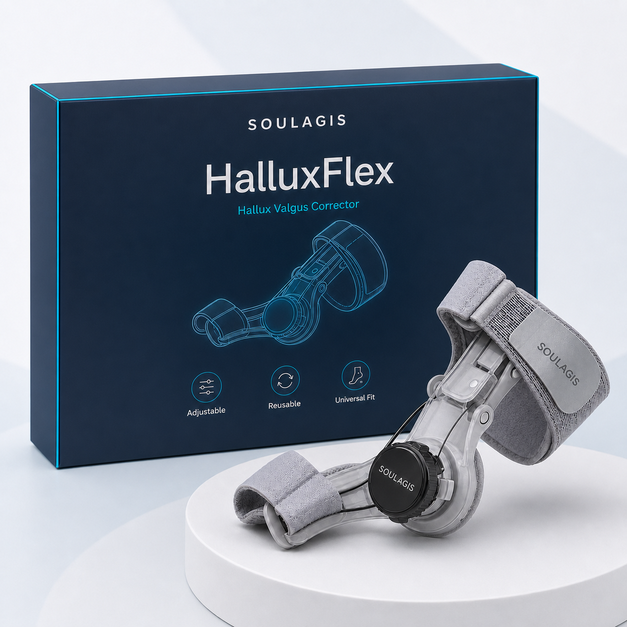 Soulagis HalluxFlex hallux valgus corrector with realistically sized premium box