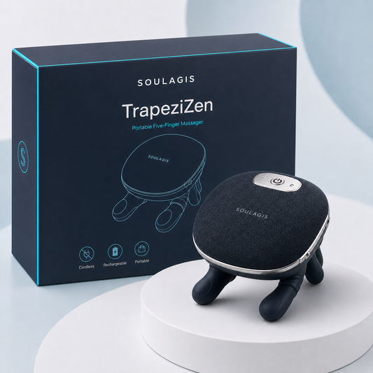 Soulagis TrapeziZen portable five-finger massager with realistically sized premium box